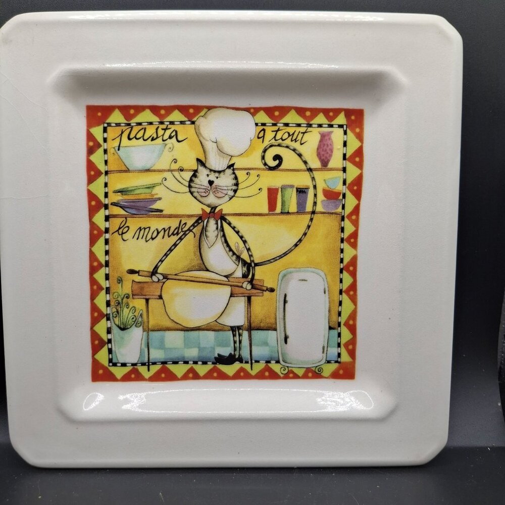 Cat Chef Ceramic Square Plate 8"x8" Kitchen Decor Made In Italy Pasta